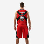 Custom blank basketball uniform red black colorblock jersey with team name and number placement