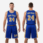 Royal Blue and Gold custom basketball uniform shorts with gold side panel and number on leg