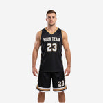 Custom basketball uniforms for leagues in black and gold showing the front and back of the full two-piece sublimated set
