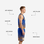 Back view of custom basketball uniforms with names and numbers showing back name and number placement on royal blue and gold sublimated jersey and shorts set