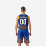 Right side view of custom basketball uniforms with names and numbers displaying Aztec geometric pattern on royal blue shorts and jersey with gold trim details