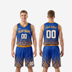 Size chart for custom basketball uniforms with names and numbers in royal blue and gold, showing youth and adult sizing options for full roster orders