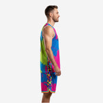 Mesh basketball uniforms with full sublimation rainbow splatter design for custom team kits