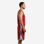 Custom basketball uniforms red and black full uniform set side view showing talon graphic shorts panel