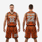 Back view of orange and black fully sublimated basketball uniforms with logo showing back number and name placement on tiger stripe jersey
