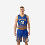 Custom basketball uniforms with names and numbers in royal blue and gold geometric Aztec pattern, front and back view of full jersey and shorts set