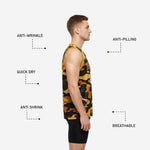 Back view of custom black and gold camo basketball jersey showing player name and back number placement on full camo field