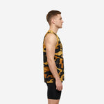 Front view of gold and black camo custom basketball jersey with arched team name and large front number sublimated into fabric