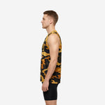 Left side view of custom black and gold sleeveless basketball jersey showing full camo wrap and V-neck gold binding