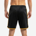 Custom black and gold soccer shorts elastic waistband detail with gold accent trim at upper edge