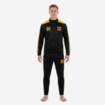 Custom black and gold soccer tracksuit detail view of Athletic Gold shoulder yoke and stand collar full zip on Jet Black jacket