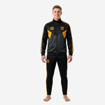 Custom black and gold soccer tracksuit full set front view with Athletic Gold chest panels and team name print on male model