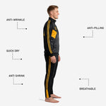 Black and gold soccer tracksuit pants detail with twin Athletic Gold side stripes and elastic waistband