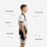 Matching white and black halftone-print soccer uniform shorts with custom player number on left leg