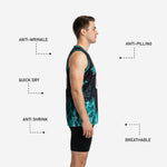 Back view of custom black basketball jerseys showing player name and number placement with teal flame pattern