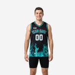 Custom black basketball jerseys with teal flame sublimated pattern shown front and back on adult male model