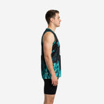 Front view of custom black basketball jersey with teal flame graphic rising from hem and teal V-neck binding