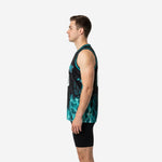 Left side view of custom black and teal sublimated basketball jersey showing flame pattern wrapping the side panel