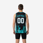 Right side view of custom black basketball jersey with full-panel teal flame design and bound armhole trim