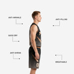 Back view of custom black basketball uniform with player name arc and number on black galaxy-print jersey and full matching shorts set