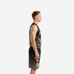 Custom black basketball uniform galaxy design showing back player name and number on jersey with matching charcoal gradient shorts