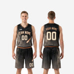 Size and specification sheet for custom black basketball uniform set showing youth and adult sizing options for jersey and shorts