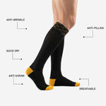 Custom black and gold soccer socks heel and toe cap detail showing solid Athletic Gold contrast zones on Jet Black performance knit