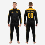 Custom black and gold soccer tracksuit front and back view showing chest crest logo zone, back name, back number, and twin gold stripe detail
