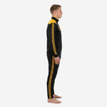 Custom black and gold soccer tracksuit jacket close-up showing chest number placement and team logo zone on left and right chest panels