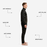 Custom black and gold soccer tracksuit pants side detail showing gold player number on left thigh and tapered cut