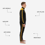 Custom black and gold soccer tracksuit side view with feature callouts including anti-wrinkle, quick dry, anti-pilling, and breathable construction