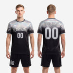 Custom black and white soccer uniform full kit back view showing player name and number print zones