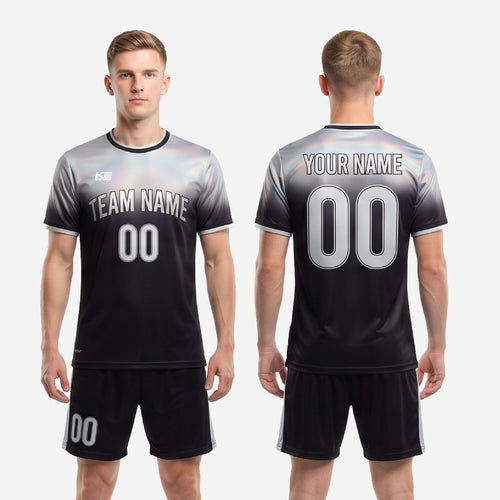 Custom black and white soccer uniform full kit back view showing player name and number print zones