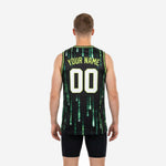 Right side view of custom black basketball jersey with cascading green digital code pattern and neon-green armhole binding detail