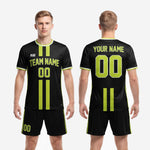 Custom all black soccer uniform full kit back view showing back number and name print zones