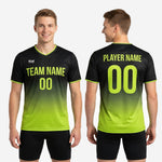 Full body view of custom black and neon green gradient mens soccer training jersey on adult male model