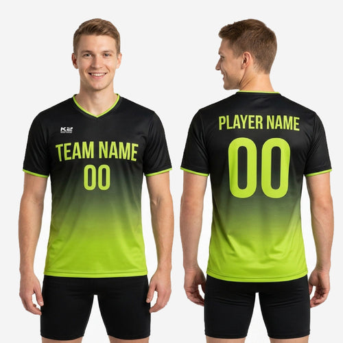 Full body view of custom black and neon green gradient mens soccer training jersey on adult male model