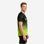 Left side view of custom black and neon green mens training jersey showing gradient fade and sleeve trim