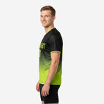 Right side view of custom mens soccer training jersey in neon green and black gradient with V-neck collar