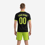 Detail view of neon green V-neck collar trim on custom black soccer jersey with K2 Sportswear branding