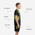 Matching jet black soccer shorts with neon green thigh panel and player number detail from custom soccer uniform kit