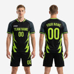 Back view of sublimated all black soccer uniform set with neon green lightning bolt print and custom player name and number zones