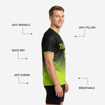 Back view of custom mens training jersey in jet black to neon green gradient with player number print zone