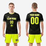 Complete custom black and yellow soccer uniform set showing full 2-piece kit with jersey and matching neon yellow shorts