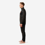 Custom black and orange soccer tracksuit right side view showing stand collar, full-zip front, and orange thigh number print on pants