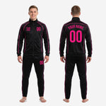 Custom black and pink soccer tracksuit full 2-piece set showing jet black sublimated jacket and matching pants with hot pink accent piping