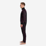 Custom black and pink soccer tracksuit right side view showing full-zip stand collar jacket and tapered pant cut with hot pink trim