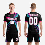 Custom black and pink soccer uniform full kit back view showing player name arc and back number on sublimated jet black jersey