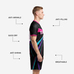 Custom black and pink soccer shorts detail showing matching ray-burst leg stripe and player number on jet black shorts