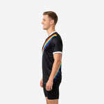 Custom black soccer training jersey with rainbow gradient diagonal print and white cuff trim, right side view